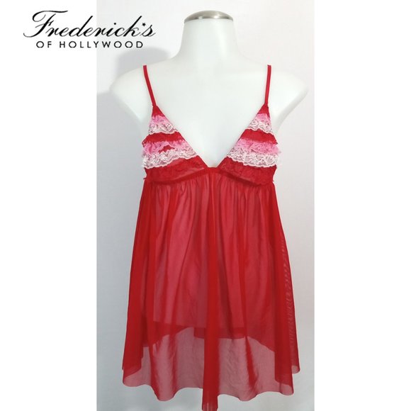 Fredrick's Of Hollywood Red Christmas Candy Cane Baby Doll Layered Ruffles Sz S - Picture 1 of 5
